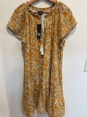 Robert Louis Cream and Yellow Floral Midi Dress with Tassel Tie